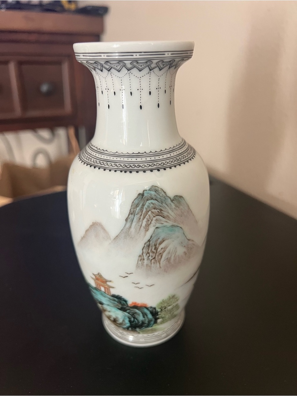 Vintage 1970s Chinese Jingdezhen Porcelain Landscape Vase - 6.5” Hand-Painted